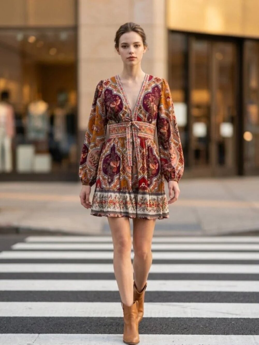 NWT Caroline Constas Fall Boho Paisley Tiered Mini Dress M Lined Pockets